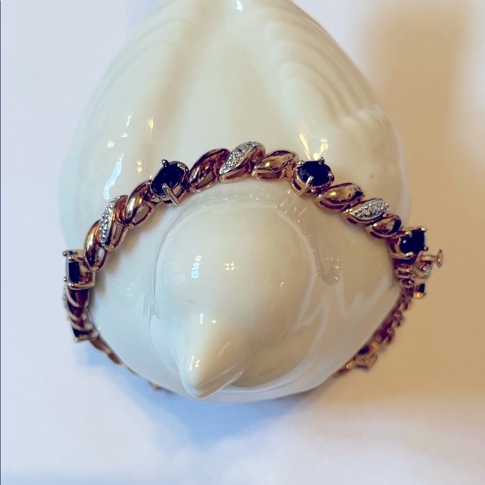 Gold Vermeil, Sterling Silver, Diamond, and Black Spinel Tennis Bracelet EUC